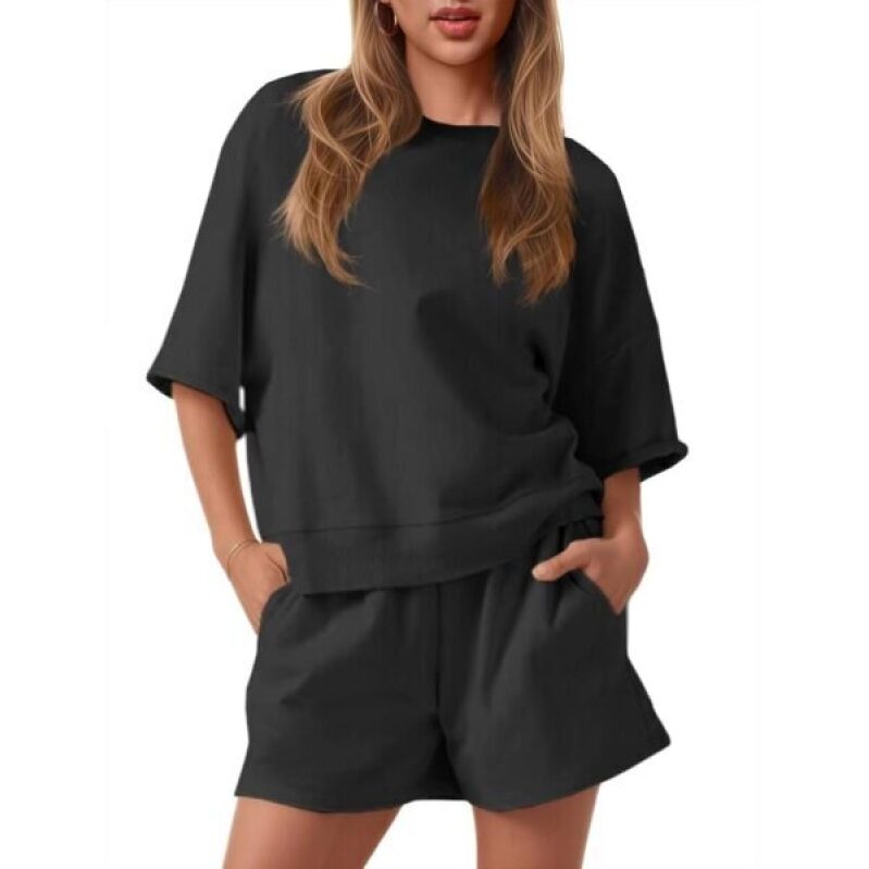 Women's Casual Loose Short Sweatshirt and High-Waist Sports Shorts Set -55% Off