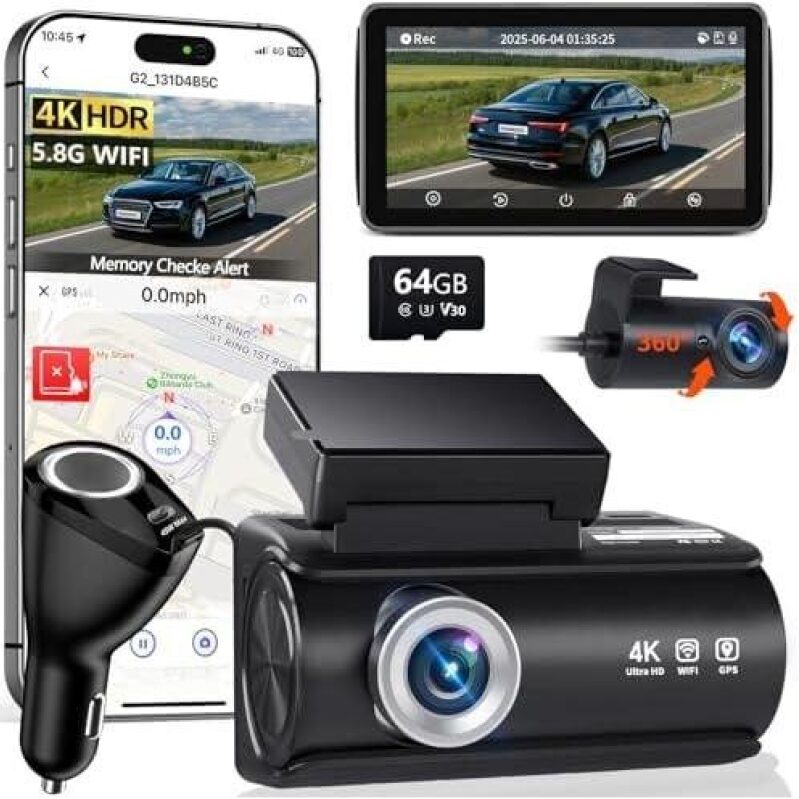 Dual Dash Cam 40% OFF: Ultimate Driving Safety with 4K HDR, 5.8G WiFi, and 64GB Storage