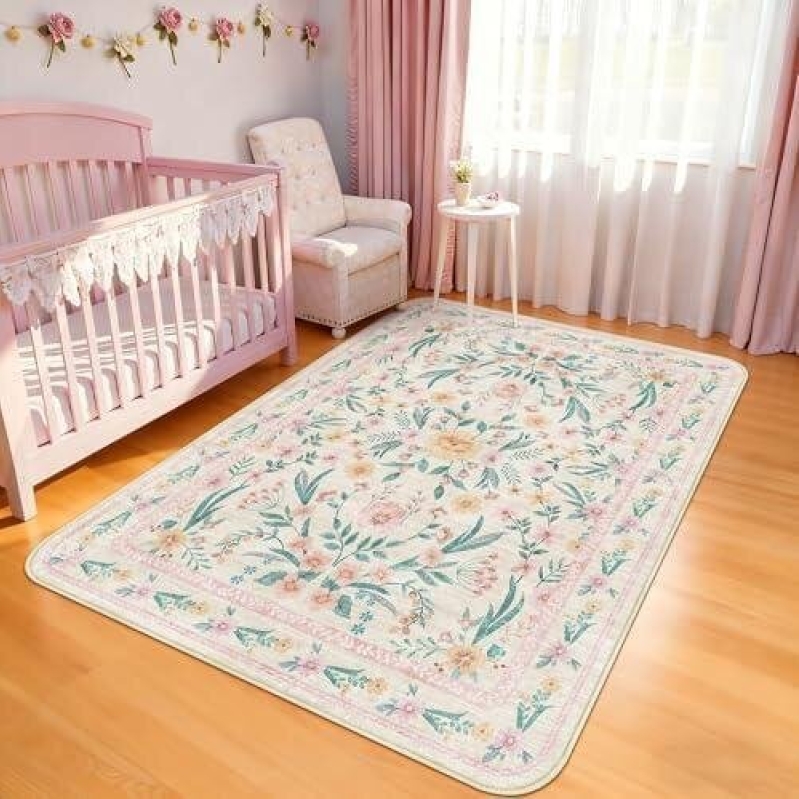 5×7 Washable Floral Anti-Slip Rug for Nursery