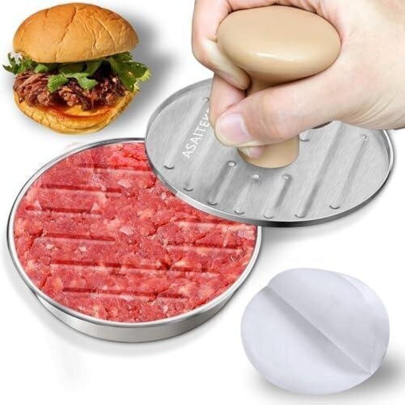 5-Inch Stainless Steel Burger Patty Press with 100 Wax Paper Sheets - 40% Off