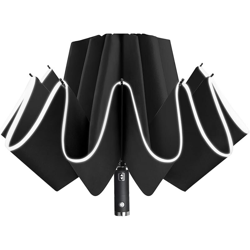 46-Inch Reflective Rim Folding Reverse Rain Umbrella with LED Light - Stay Dry Anywhere