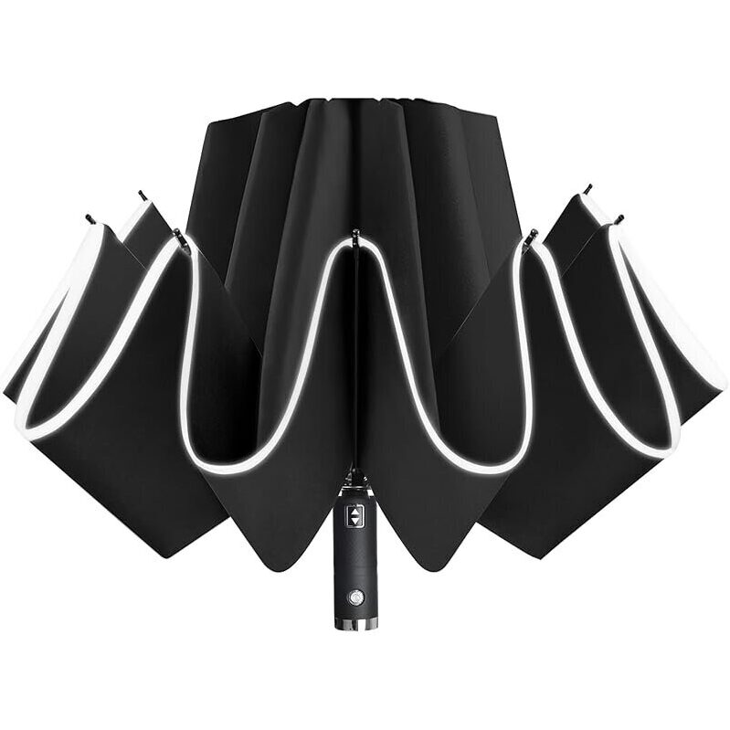 46-Inch Reflective Rim Folding Reverse Rain Umbrella with LED Light - Stay Dry Anywhere