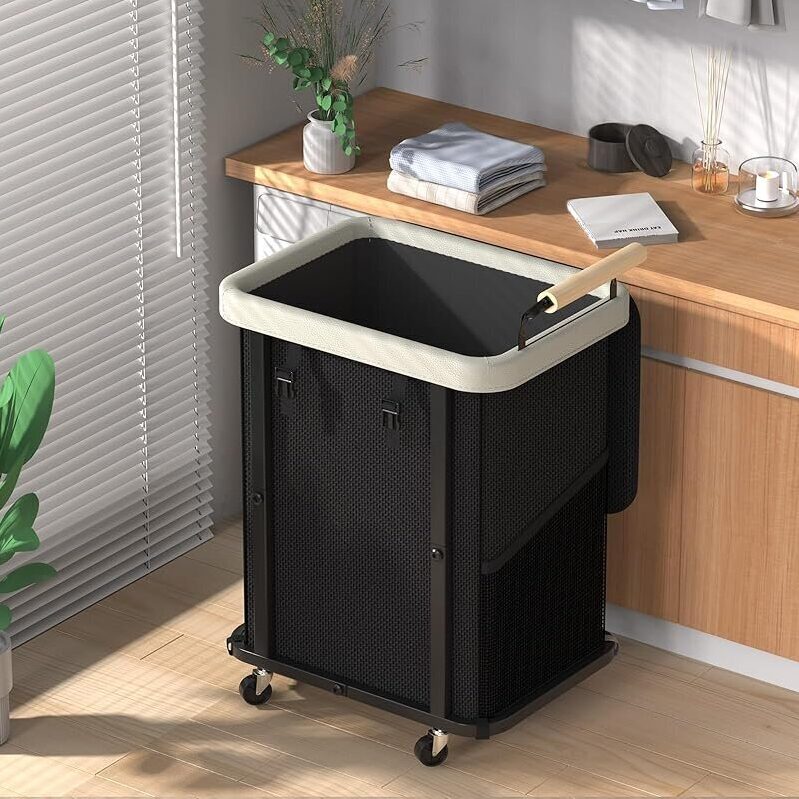 Elowen 40-Gallon Leather Patchwork Laundry Hamper with Lid, Wheels