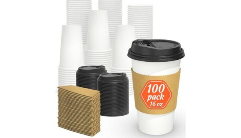 100 Pack 16 oz Disposable Coffee Cups with Lids and Sleeves