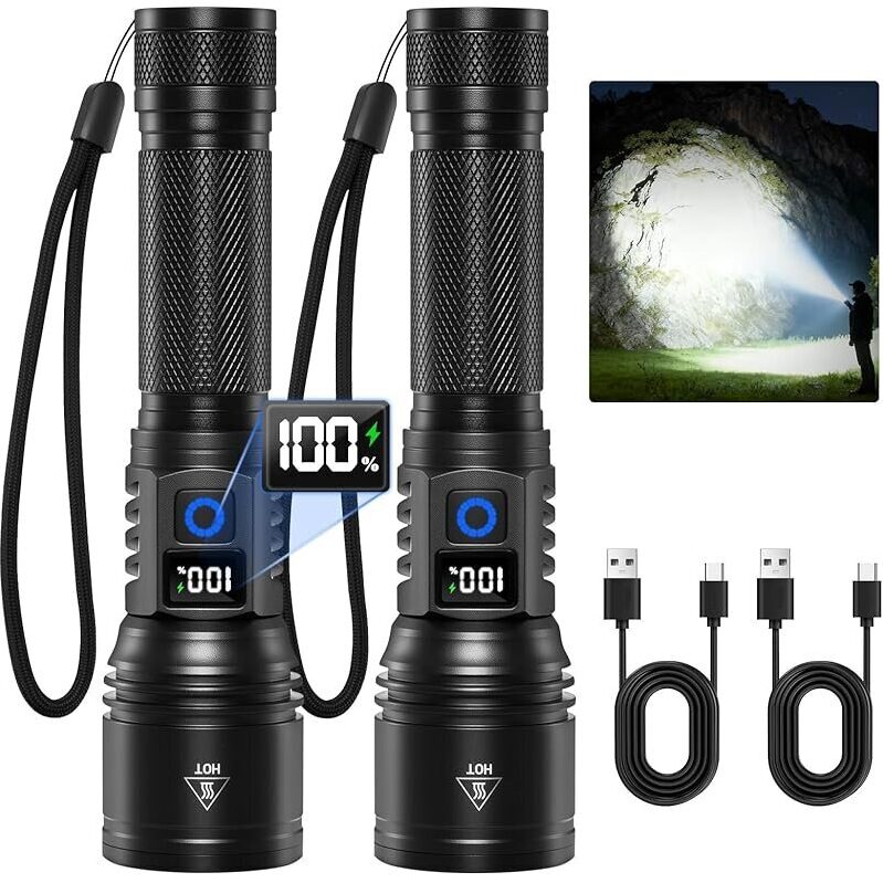2-Pack Rechargeable Flashlights with LCD Screen, High Lumens, 5 Modes, Type-C Charging, 2026 Utility