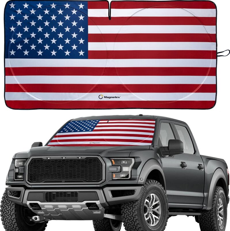 Magnelex American Flag Windshield Sun Shade - High-Resolution UV Reflective Heat Shield (X-Large)