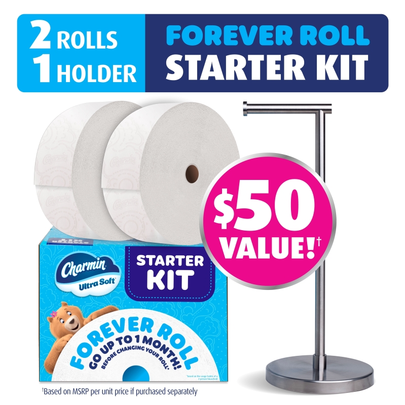 Charmin Ultra Soft Toilet Paper Forever Roll Starter Kit - Premium Stainless Steel Holder & 2 Forever Rolls