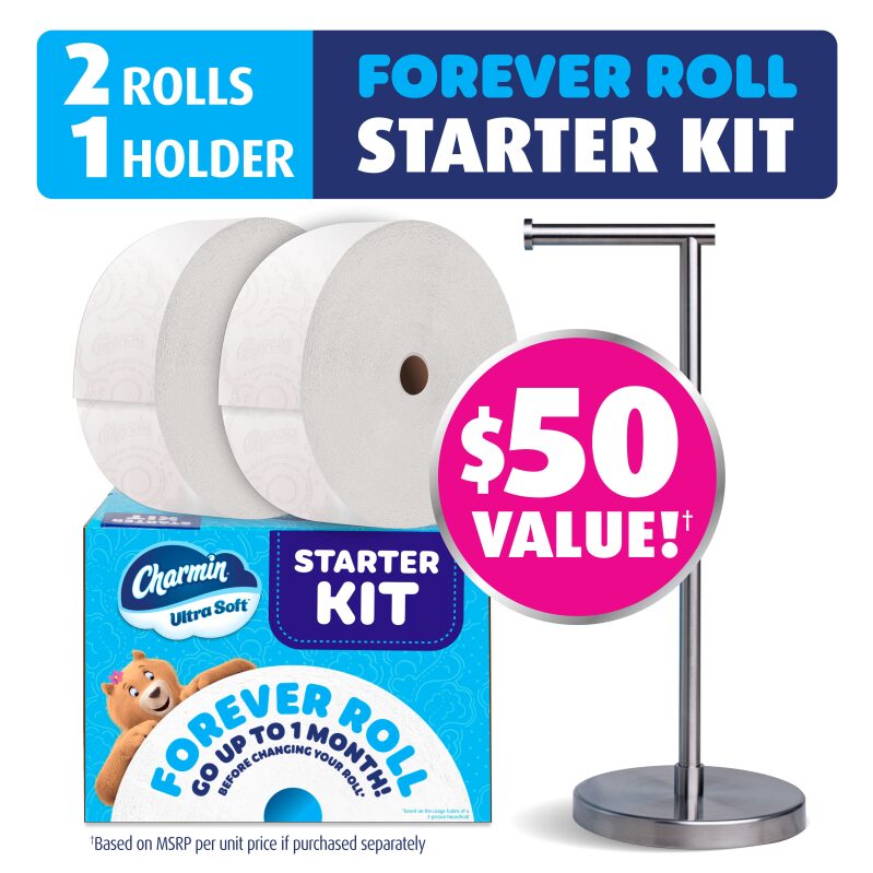 Charmin Ultra Soft Toilet Paper Forever Roll Starter Kit - Premium Stainless Steel Holder & 2 Forever Rolls