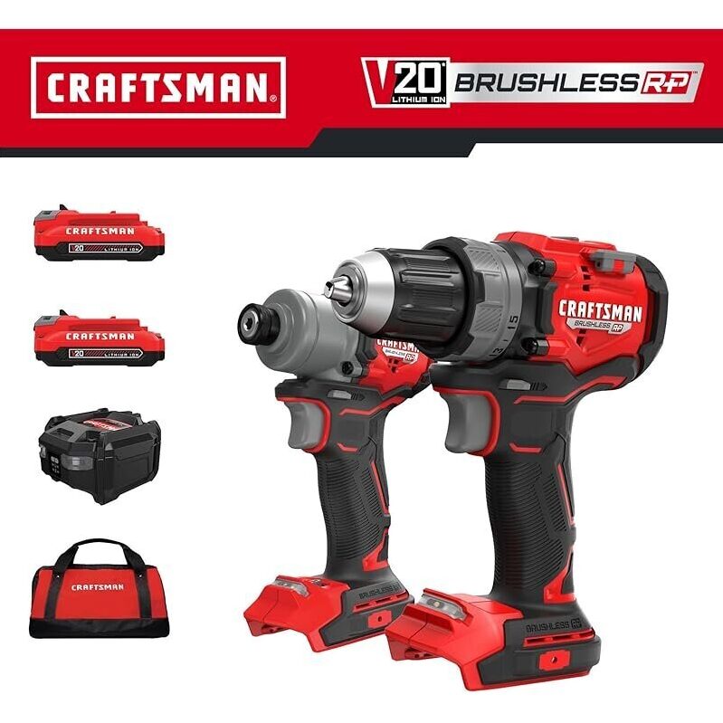 Powerful Craftsman V20 Brushless Drill/Driver Set with 2 Batteries & Charger