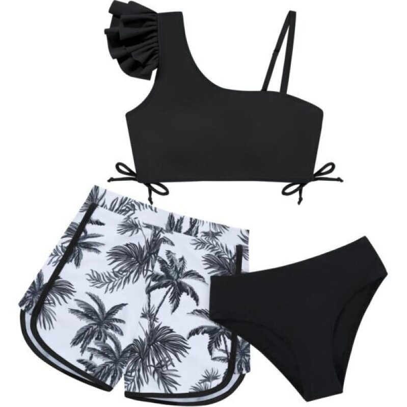 Trendy Black Tropical Floral Bikini Set for Teens - Great Deal