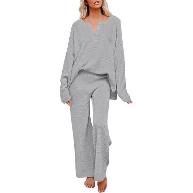 Pink Queen Women’s 2 Piece Knit Outfit Set Long Sleeve Button Sweater Top and Wide Leg Pants Lounge Set Gray S -59% off