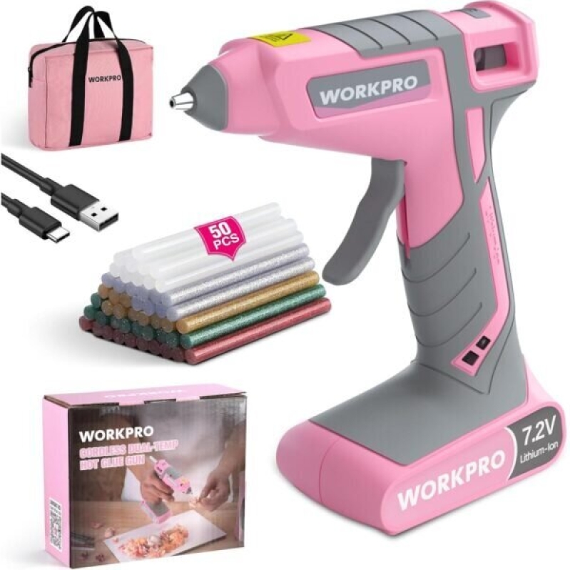 WORKPRO Cordless Hot Glue Gun - 30s Fast Preheating, Dual-Temp, 7.2V, 2600mAh Battery, 50 Glue Sticks, USB-C Charging