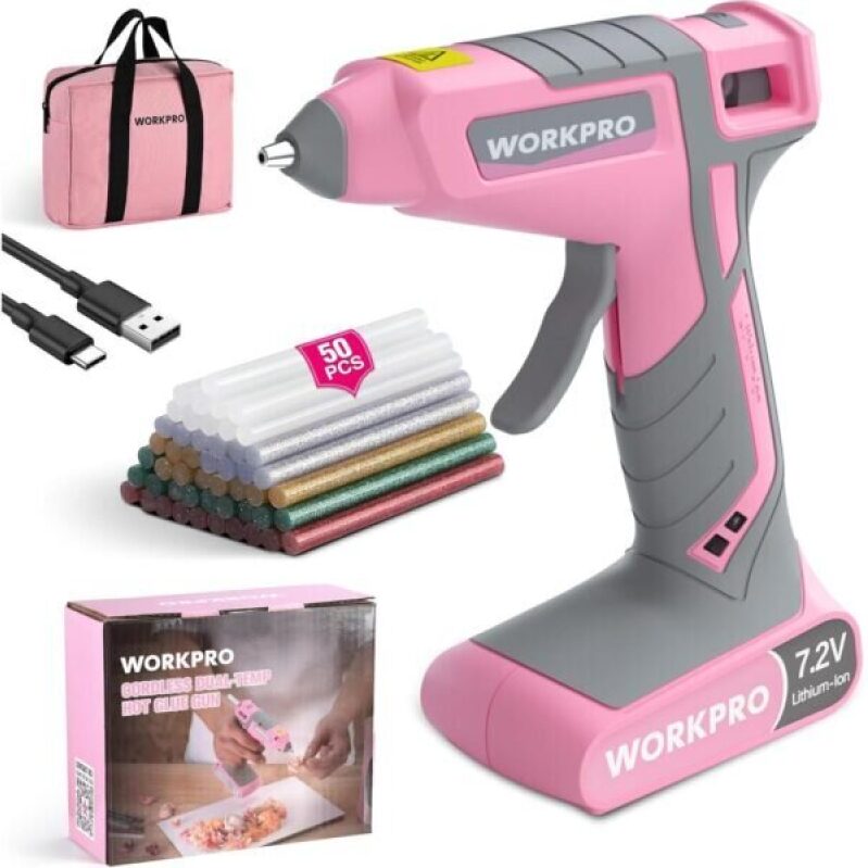 WORKPRO Cordless Hot Glue Gun - 30s Fast Preheating, Dual-Temp, 7.2V, 2600mAh Battery, 50 Glue Sticks, USB-C Charging