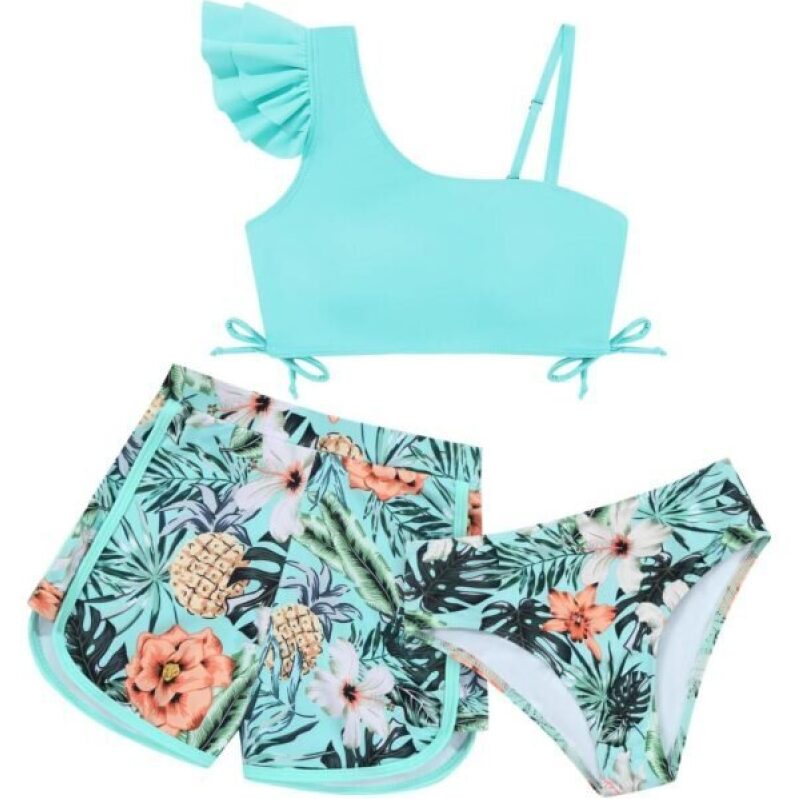 Weixinbuy Girls Swimsuit 3 Piece Bathing Suit for Teens Kids Ruffle Swimwear Tropical Floral Print Bikini Set