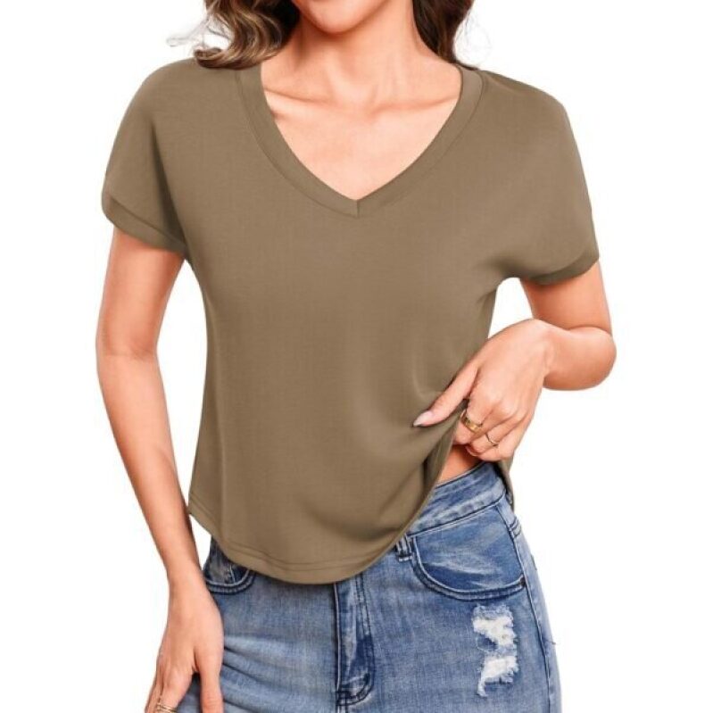 Totatuit Women V Neck Loose Fit T-Shirts - Khaki Medium