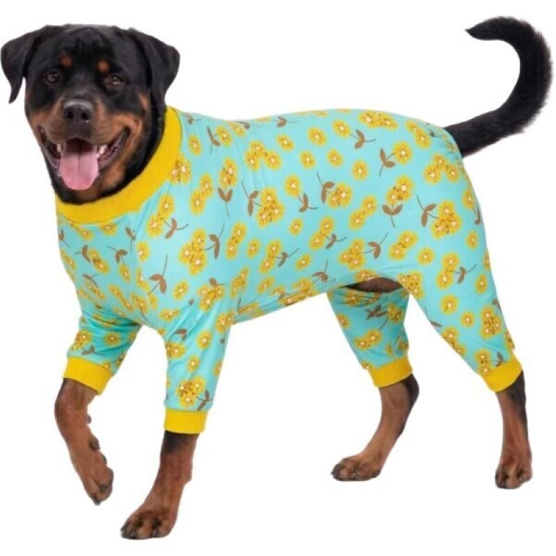 LovinPet Large Dog Pajamas Pitbull - Pet Anxiety Relief, Sun Protection, Comfy Stretchy Fabric, Mint Flower Print, Pitbull Clothes, Large Breed Apparel, Yellow XL -30% OFF