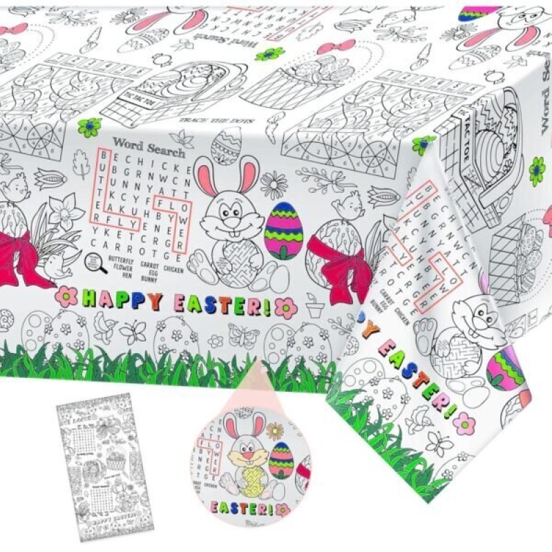 Happy Easter Coloring Tablecloth for Kids – Rectangle Easter Bunny Activity Coloring Table Cloth for Spring Easter Party Decorations Favors