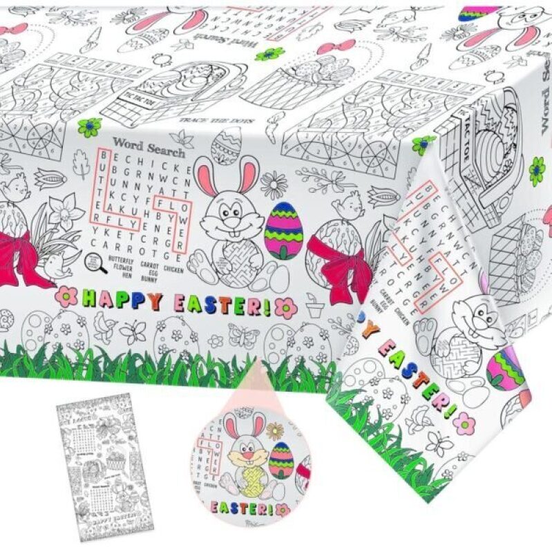 Happy Easter Coloring Tablecloth for Kids – Rectangle Easter Bunny Activity Coloring Table Cloth for Spring Easter Party Decorations Favors