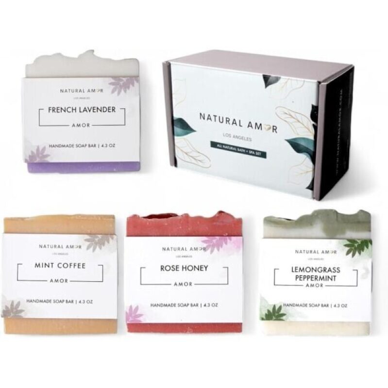 Natural Amor Handmade Soap Bar Set (4 Pack) - Spa Self Care Gift for Women