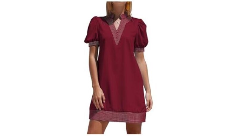 Elegant Women’s Puff Sleeve V-Neck Shift Dress with Pockets