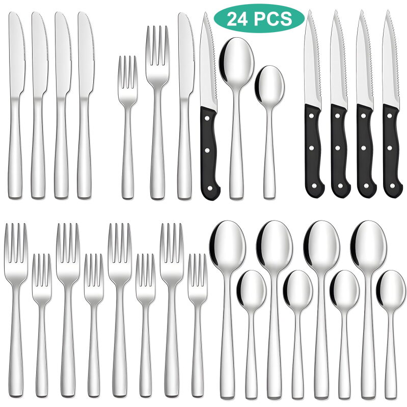 24-Piece Silverware Set with Steak Knives - Service for 4