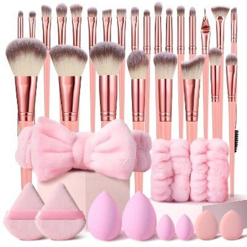 36-Piece Pink Makeup Brush Set with Sponges and Makeup Removers