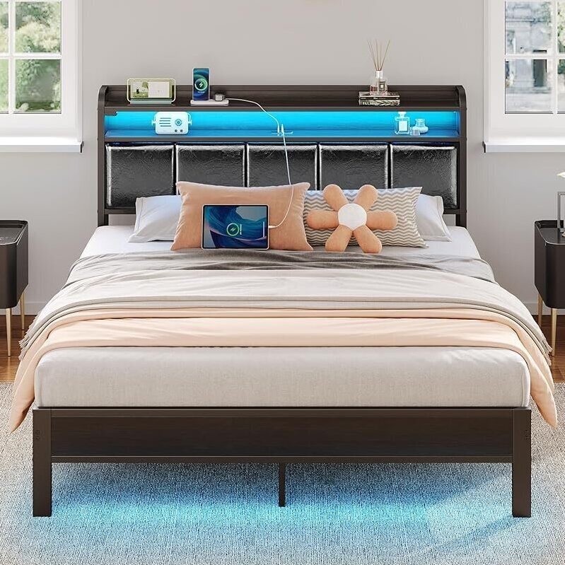 Rolanstar Bed Frame Queen Size with RGB LED Lights & Charging Station - Perfect for Modern Bedrooms