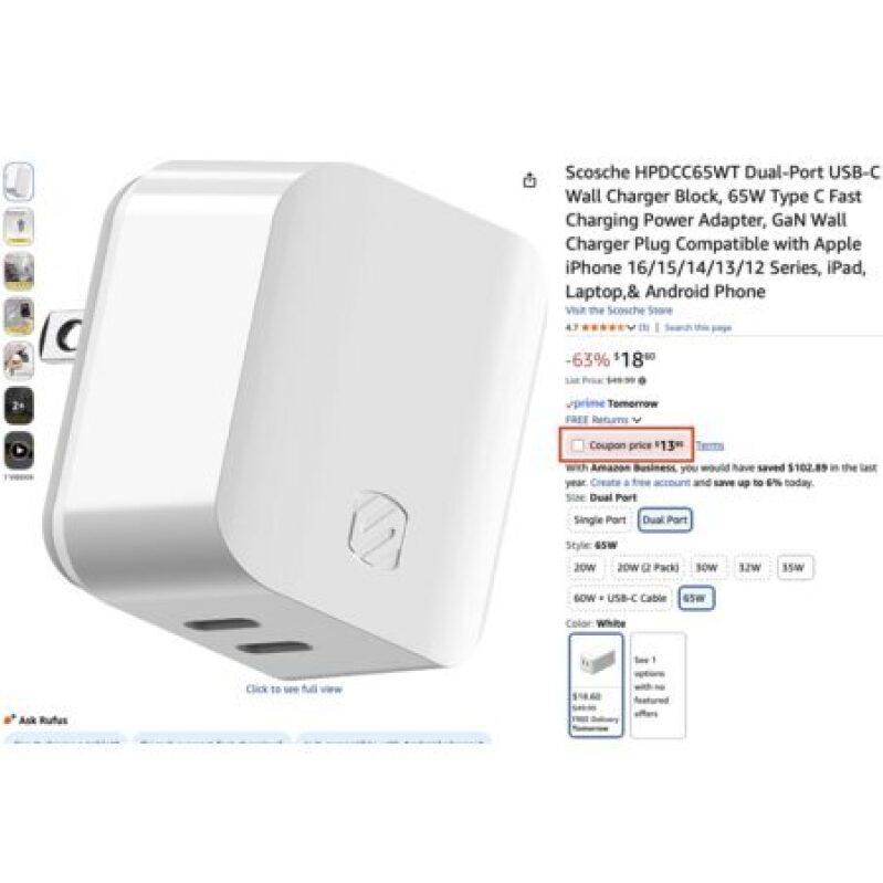 Scosche 65W Dual-Port USB-C Wall Charger for iPhones, iPads, Laptops, Android Phones