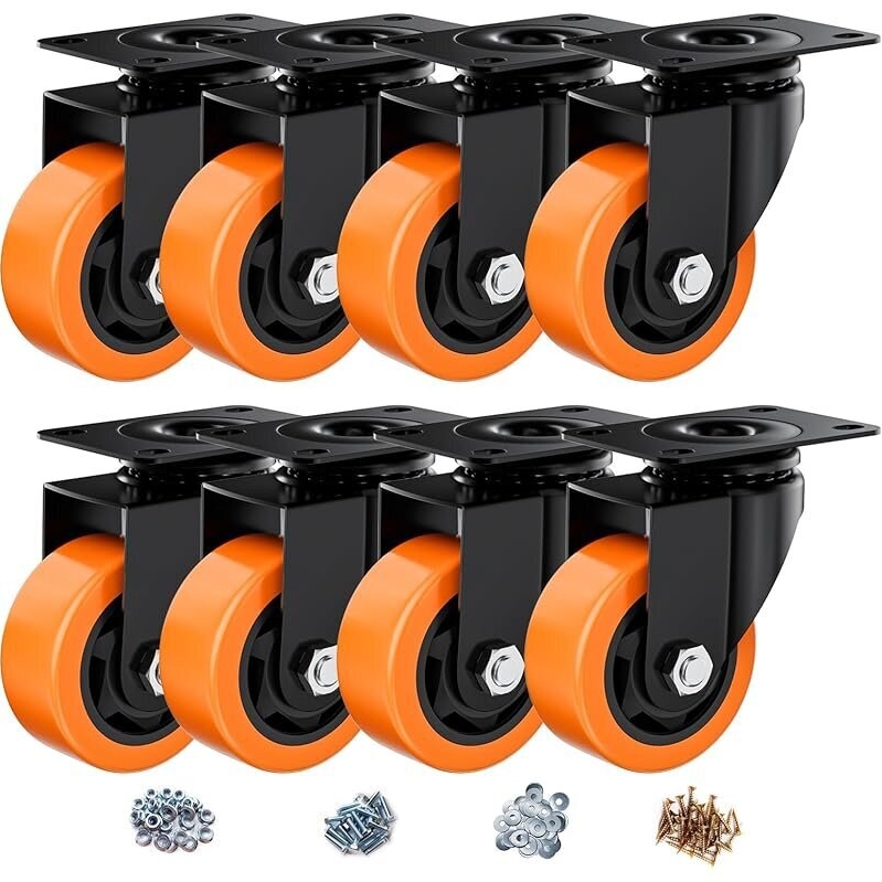 8 Pack Heavy Duty Caster Wheels with Brakes - Durable Orange Casters