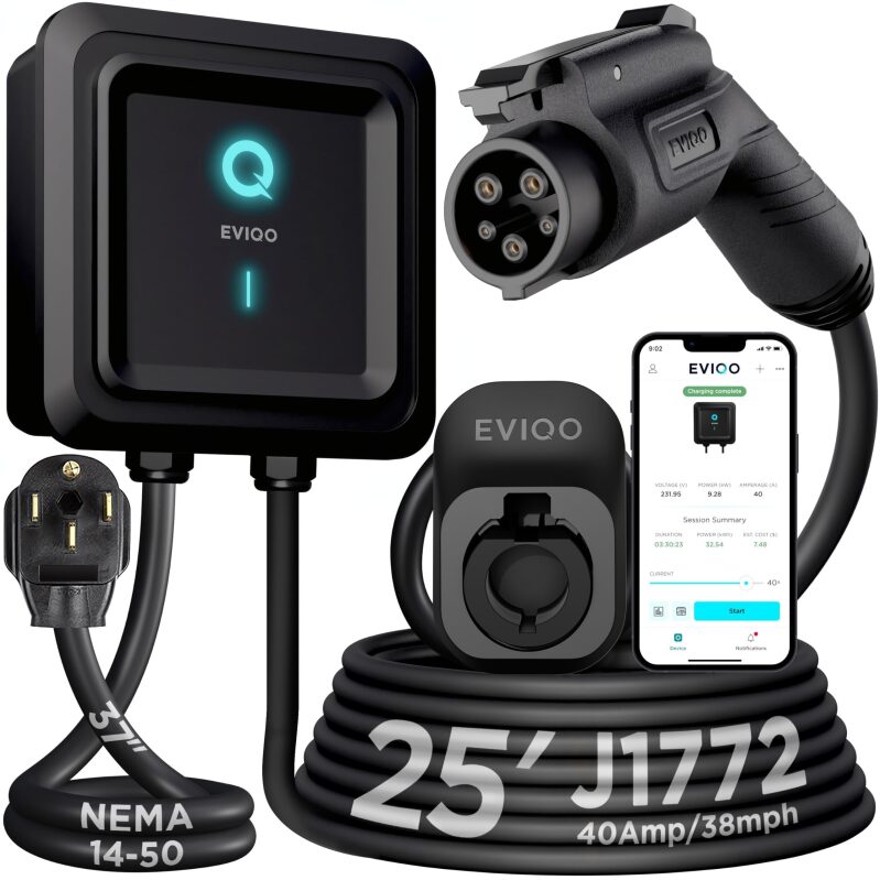 EVIQO Level 2 EV Charger, 40 Amp 240V, J1772 for Non-Tesla EVs, 25ft Cable, WiFi Smart App