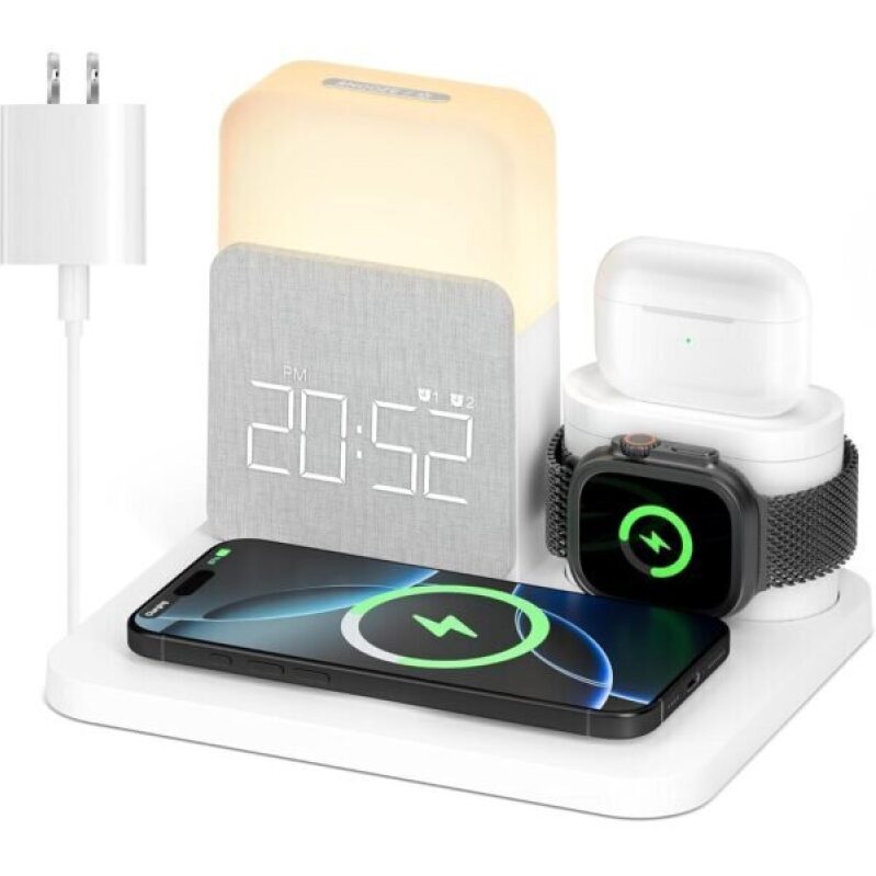 6 in 1 Wireless Charging Station with Alarm Clock and Night Light