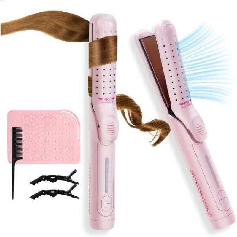 Airflow Styler Curling Iron, 360° Cool Air Lock in Style for Lasting Curls, 2 in 1 Hair Straightener and Curler, Anti-Scald for Short Long Hair (Pink) -50%