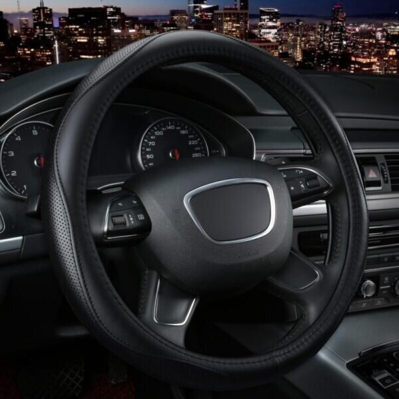 Universal 15 Inch Microfiber Leather Steering Wheel Cover - Breathable, Non-Slip, Black