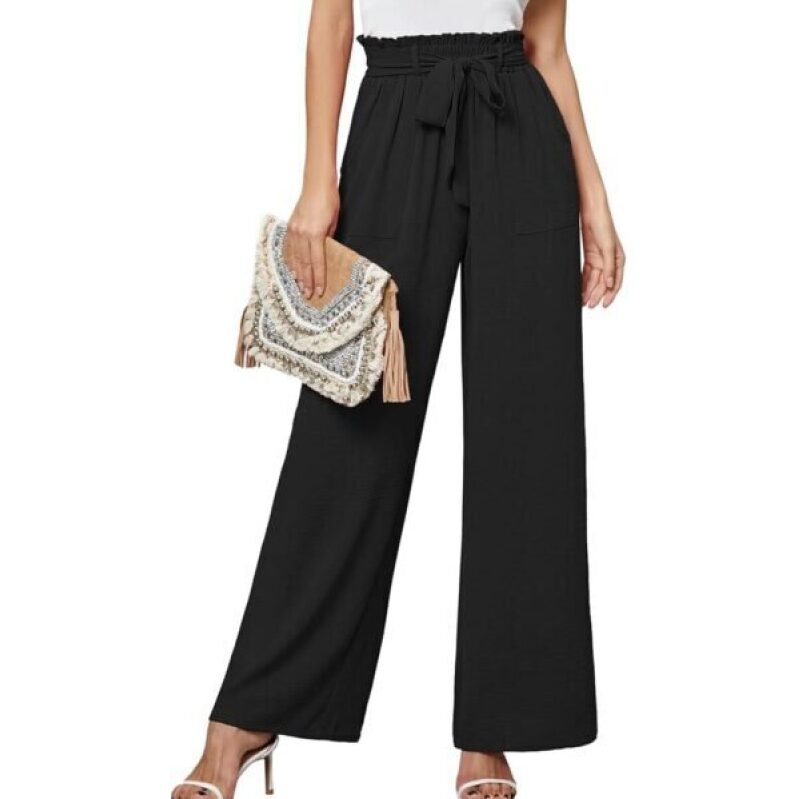 Heymoments Women's Wide-Leg Pants with Pockets - Black Medium Lightweight High-Waist Tie-Knot Paper Bag, Perfect for Formal, Business, Casual, and Work - 50% Off