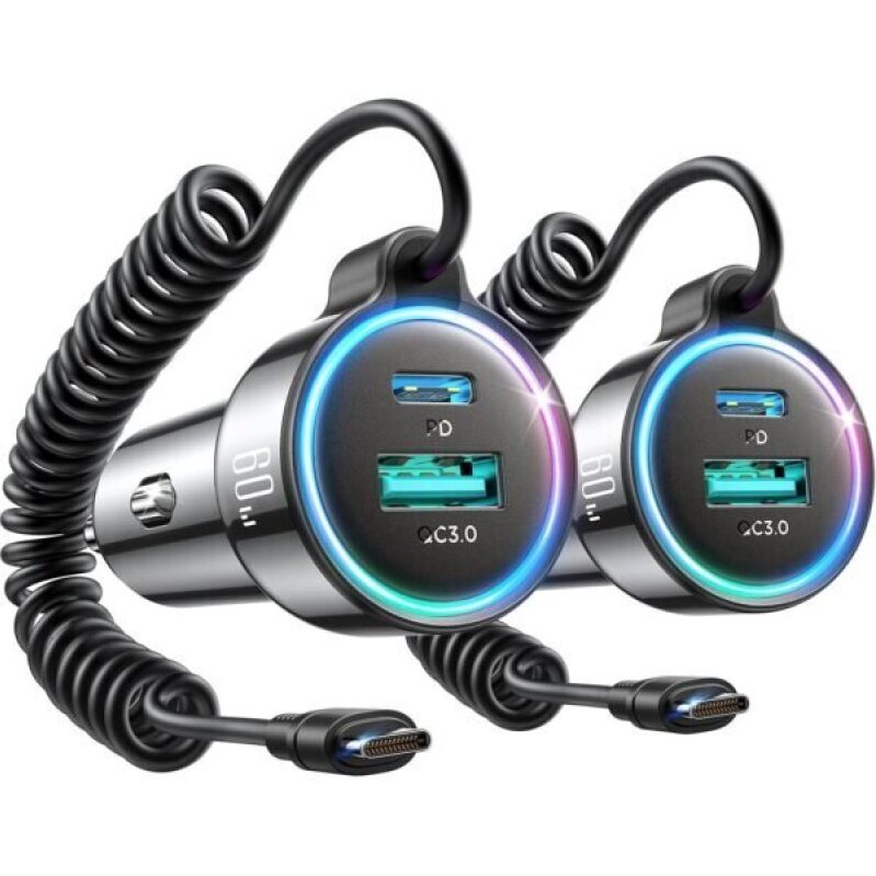 Fast 60W USB C Car Charger 2-Pack with 5ft Coiled Cable - 40% Off