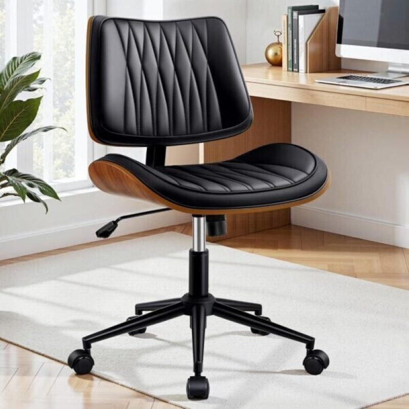Ergonomic Office Chair - Black Faux Leather with Walnut Accent - Adjustable Height - 50% Off