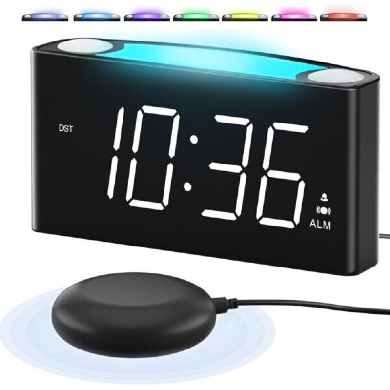 Powerful Vibrating Alarm Clock with Bed Shaker, 3 Wake Modes, Large Display
