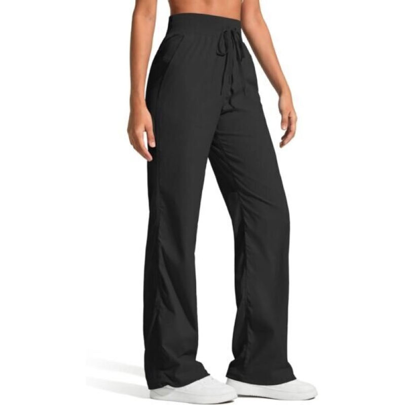 Women's High-Waist Workout Pants with Elastic Drawstring and Pockets - Summer Outdoor (Black, L, High-Waisted) - 40% Off