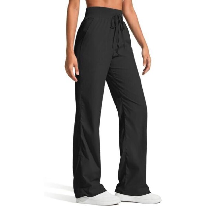 Women's High-Waist Workout Pants with Elastic Drawstring and Pockets - Summer Outdoor (Black, L, High-Waisted) - 40% Off