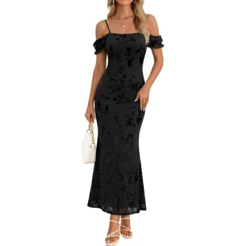 MEROKEETY Black Off-Shoulder Floral Mesh Dress -44% Discount