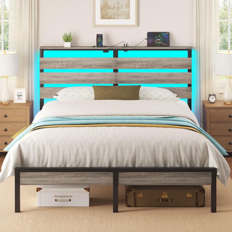 Rolanstar Bed Frame Queen Size with USB Charging Station