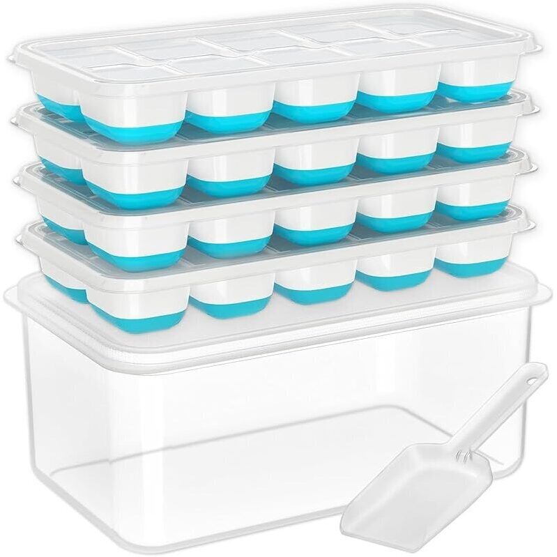 4-Pack Silicone Ice Cube Tray with Lid and Bin