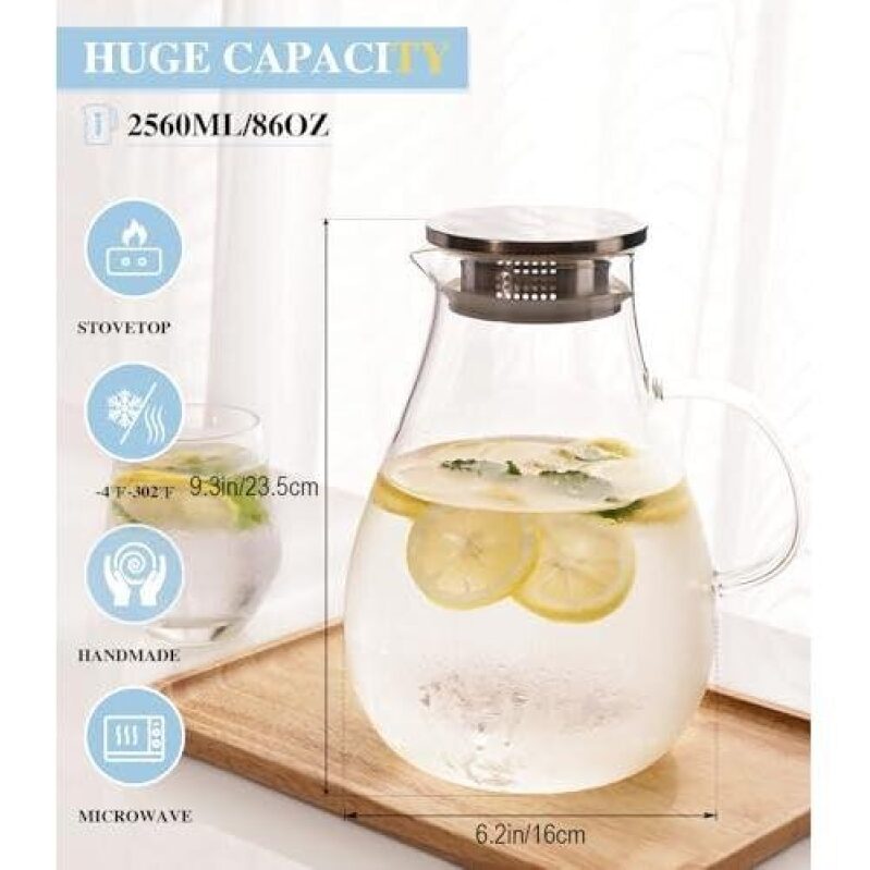 Large Borosilicate Glass Jug with Lid - Perfect for Hot and Cold Beverages