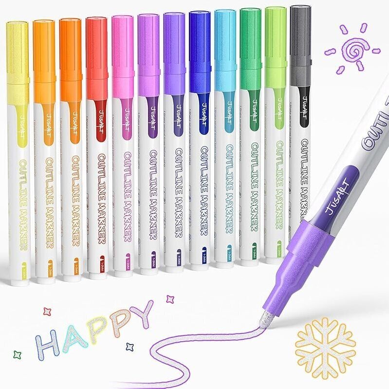 12-Count JusArt Double Line Outline Markers - Vibrant, Safe, Durable Art Markers