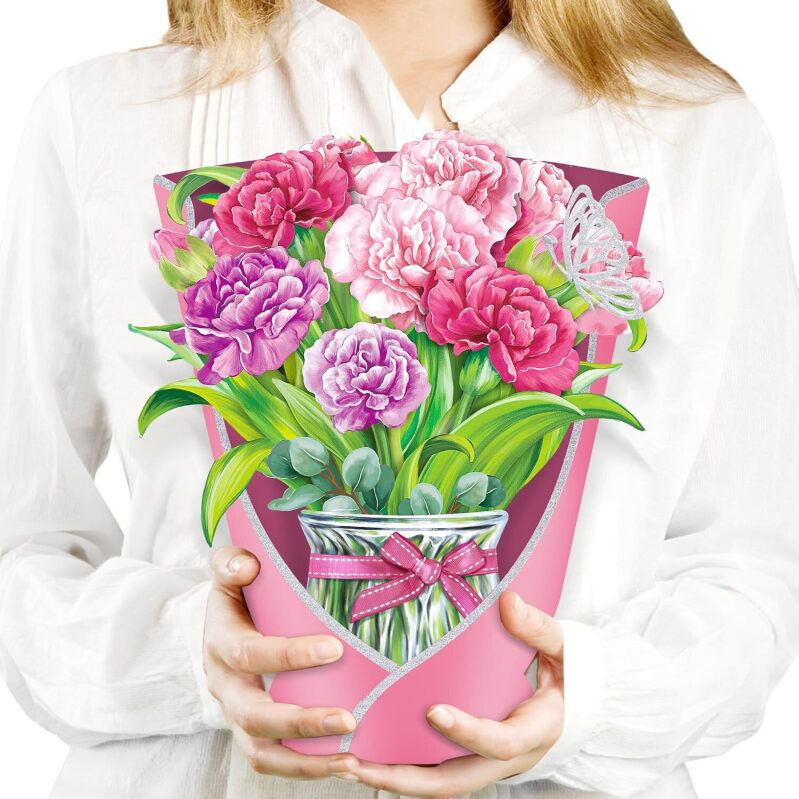 3D Pop-Up Flower Bouquet Card - Pink Carnation Design