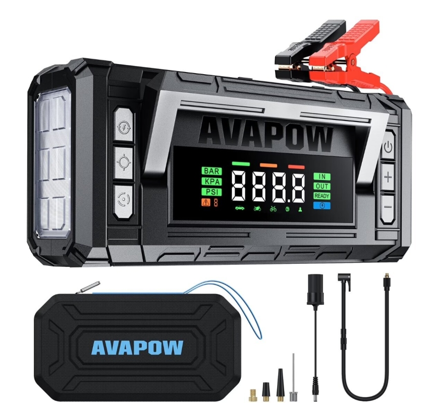 AVAPOW 8-in-1 Smart Car Jump Starter with Air Compressor & LED Flashlight