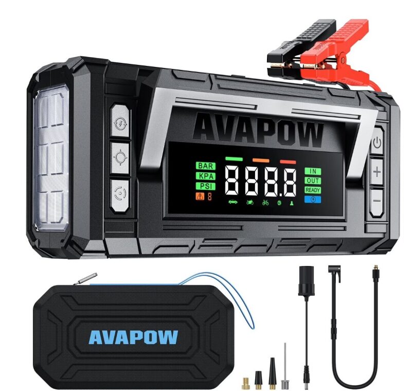 AVAPOW 8-in-1 Smart Car Jump Starter with Air Compressor & LED Flashlight