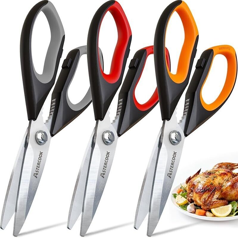 3-Pack Astercook Stainless Steel Kitchen Scissors - Efficient and Safe Cutting