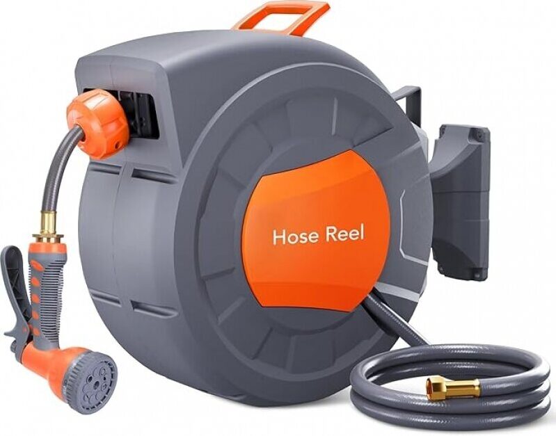 GAOMON Retractable Garden Hose Reel - 1/2 in x 100 ft, Wall Mounted, 9-Function Sprayer