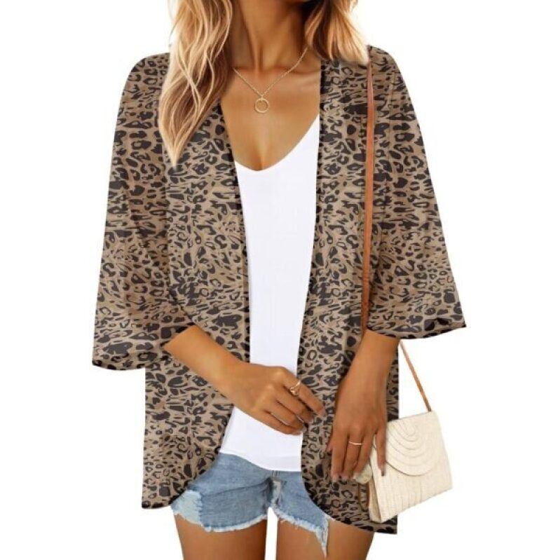 Leopard Print 3/4 Sleeve Kimono - A Versatile Lightweight Outerwear Piece